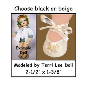 fits 1950's 16 inch Terri Lee dolls, vintage black or beige vinyl doll shoes with ribbon ties at the ankle