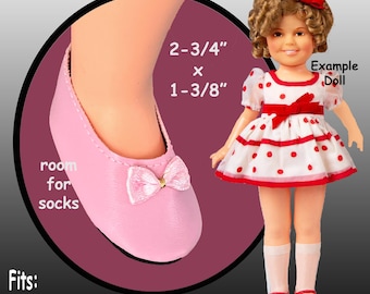 May include: Pink doll shoes with a bow, designed to fit 1970's 16" Shirley Temple dolls. The shoes measure 2-3/4" x 1-3/8" and have room for socks. An example doll is shown wearing a white dress with red polka dots and a red bow.