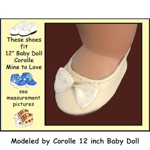 fits 12 inch Baby Dolls Corolle Calin & Tido and Mine to Love, Vintage bone vinyl slip-on doll shoes with bone bow