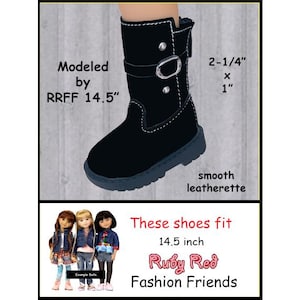 May include: A black leatherette boot with white stitching, a silver buckle, and two silver studs. The boot measures 2-1/4 inches by 1 inch. Text on the image reads: Modeled by RRFF 14.5", smooth leatherette, These shoes fit 14.5 inch Ruby Red Fashion Friends.