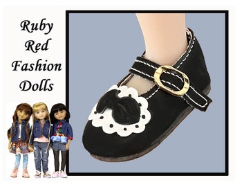 Ruby Red Fashion Doll Shoes, Vintage doll shoes, black and white mary jane style shoes, slim foot black doll shoes with buckle