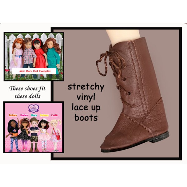 Siblies and Mini Maru size brown stretch vinyl lace up boots,  brown doll boots, Mini Maru doll size boots, Siblies doll size boots
