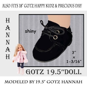 Gotz 19.5&quot; black patent doll shoes with laces, Hannah Gotz school shoes, Happy Kidz doll shoes, Gotz standing doll shoes
