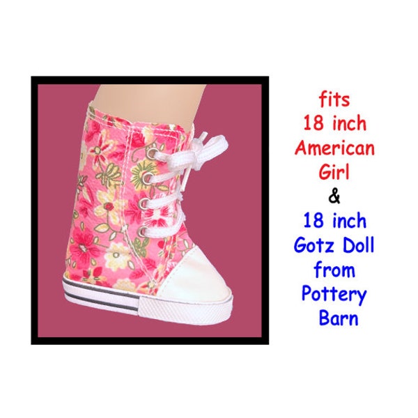 Vintage Red Floral Fabric Hi Top Sneakers Doll Shoes, fits 18 inch American Girl dolls, shoes fit Pottery Barn 18 inch Gotz doll