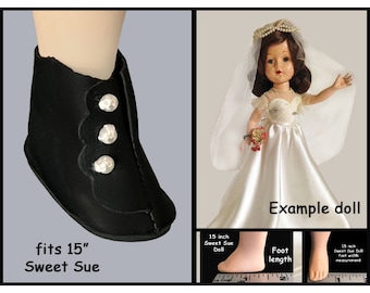 Vintage Vinyl Black Button-up Boots Doll Shoes, fits 15" Sweet Sue doll,  black vinyl doll boots with faux pearl buttons
