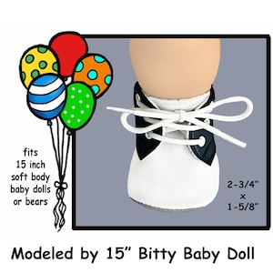 fits 15&quot; American Girl Bitty Baby baby doll, Vintage black & white doll saddle shoes, Bitty Baby size doll shoes, Baby doll tie shoes