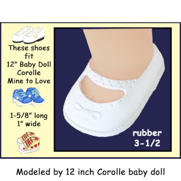 Vintage White Rubber Molded Shoes for 12 inch baby doll, Mine to Love 12, Corolle Calin 12 inch, flexible rubber baby doll shoes