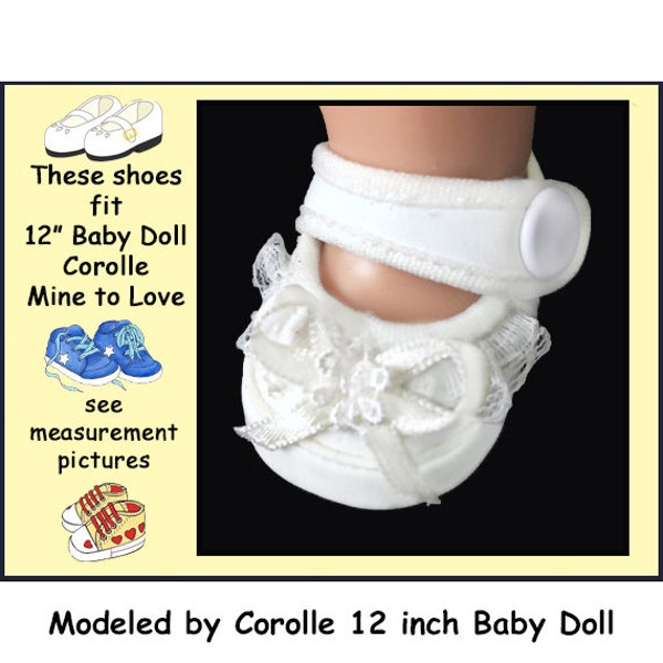 12 inch Baby Doll Shoes, Corolle Calin & Tido, Mine to Love 12 inch baby doll, vintage white soft side snap shoe