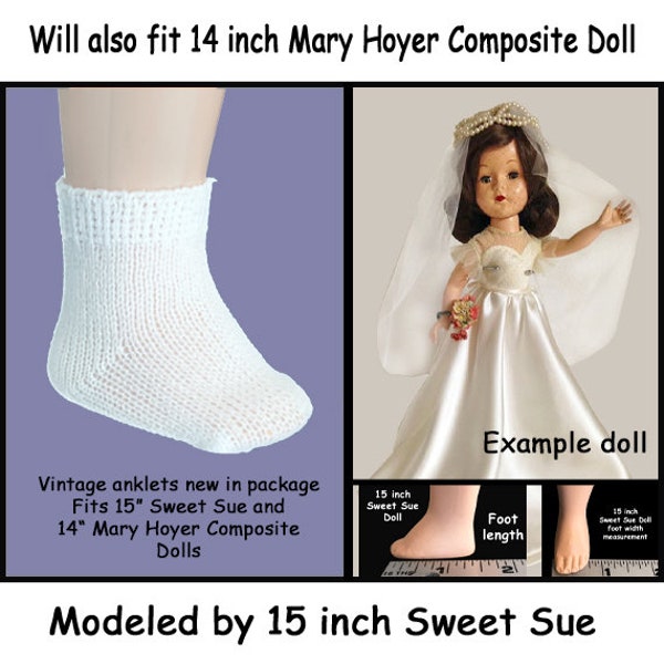 Vintage white stretch anklets for 15" Sweet Sue Composite Doll and 14" Mary Hoyer Composite doll,  socks for vintage standing dolls