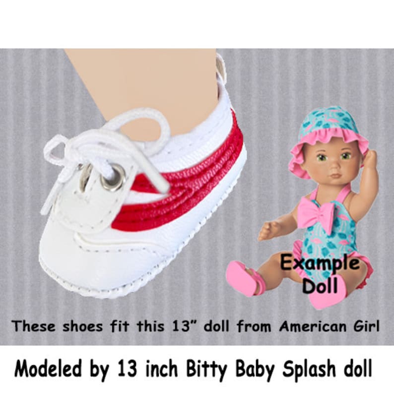 May include: White sneakers with red stripes and white laces. The shoes are modeled on a 13 inch doll. The doll is wearing a pink swimsuit and a pink and white hat. The text "Example Doll" is visible in the image.