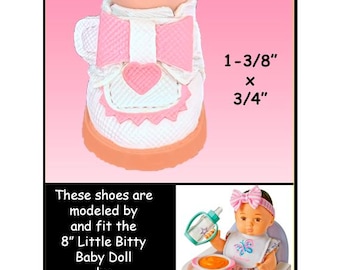 fits 8" Little Bitty doll by American Girl, white with pink bow and heart leatherette doll shoes with hook & loop strap over top of foot
