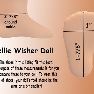 Puede incluir: Imagen de un pie de mu&ntilde;eca con medidas. El tobillo mide 7.3 cm de circunferencia, el pie mide 2.5 cm de ancho y 4.8 cm de largo. El texto dice "Wellie Wisher Doll" y proporciona instrucciones de tallas de zapatos.