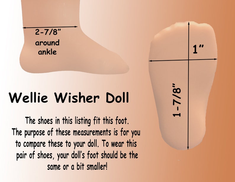 Puede incluir: Imagen de un pie de mu&ntilde;eca con medidas. El tobillo mide 7.3 cm de circunferencia, el pie mide 2.5 cm de ancho y 4.8 cm de largo. El texto dice "Wellie Wisher Doll" y proporciona instrucciones de tallas de zapatos.