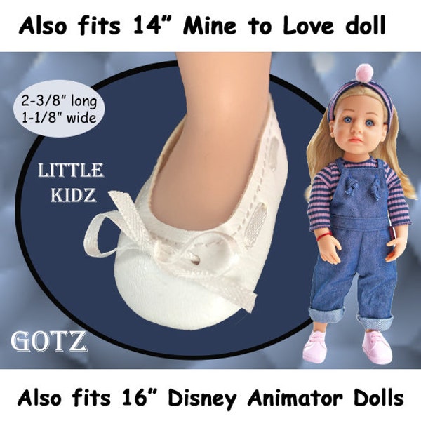 Little Kidz Vintage White Leatherette Ballet Flats Doll Shoes, shoes fits Gotz Little Kidz, Disney Animator Doll and 14" Mine to Love Doll
