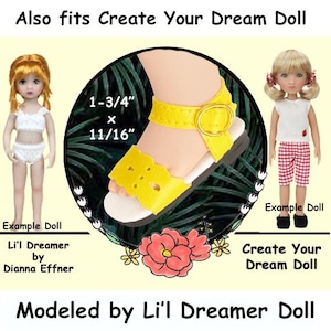 Vintage yellow ankle strap doll sandal, fits 11" Dianna Effner Lil Dreamer doll, fits 11" Create Your Dream Doll, yellow doll sandals