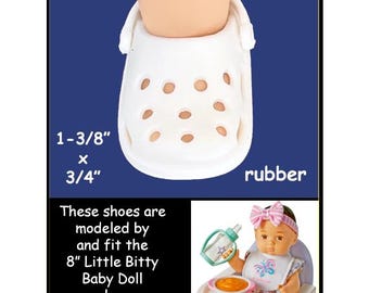 fits 8" Little Bitty doll by American Girl, Vintage white rubber doll sandals with back strap,  tiny doll sandals