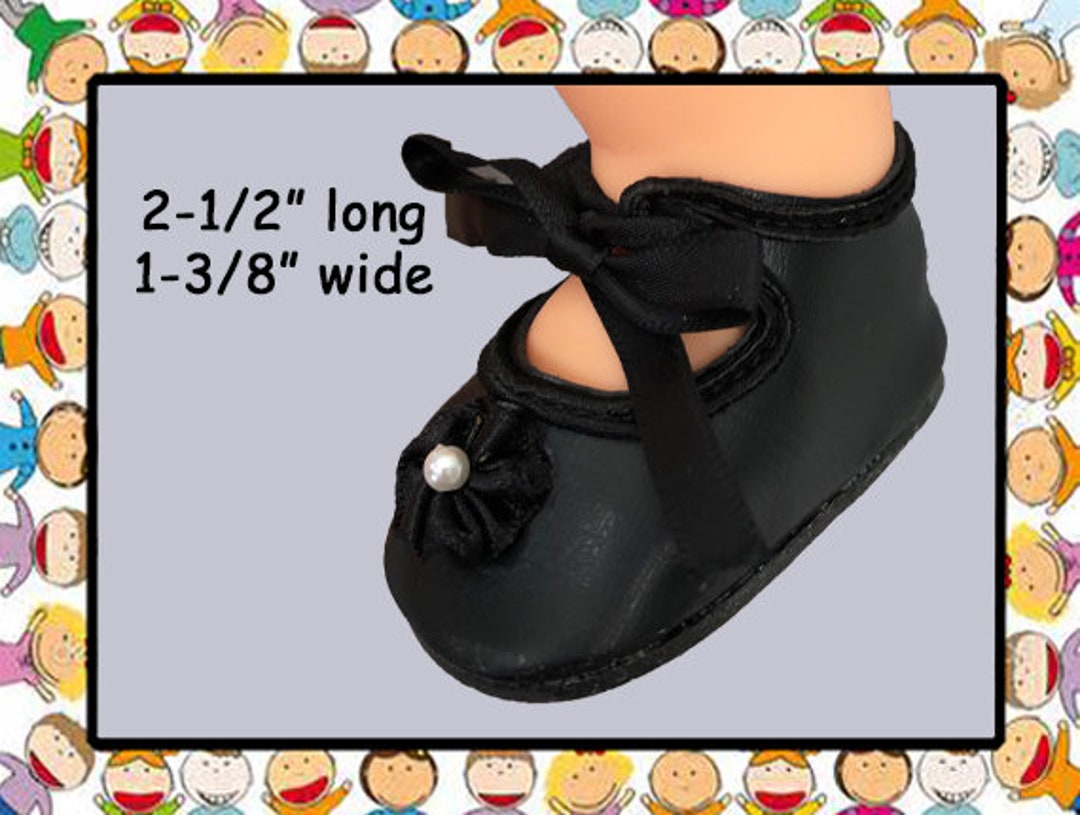 Vintage Black Ankle Ribbon Tie Doll Shoes, Medium Doll Black Shoes, Black Doll Shoes for Fat