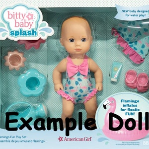 May include: A pink and blue flamingo pool float, a doll wearing a pink and blue swimsuit, and a set of pink and blue water toys. The doll is part of the Bitty Baby Splash line by American Girl. The packaging says "Flamingo Fun Play Set" and "Ensemble de jeu amusant Flamingo".