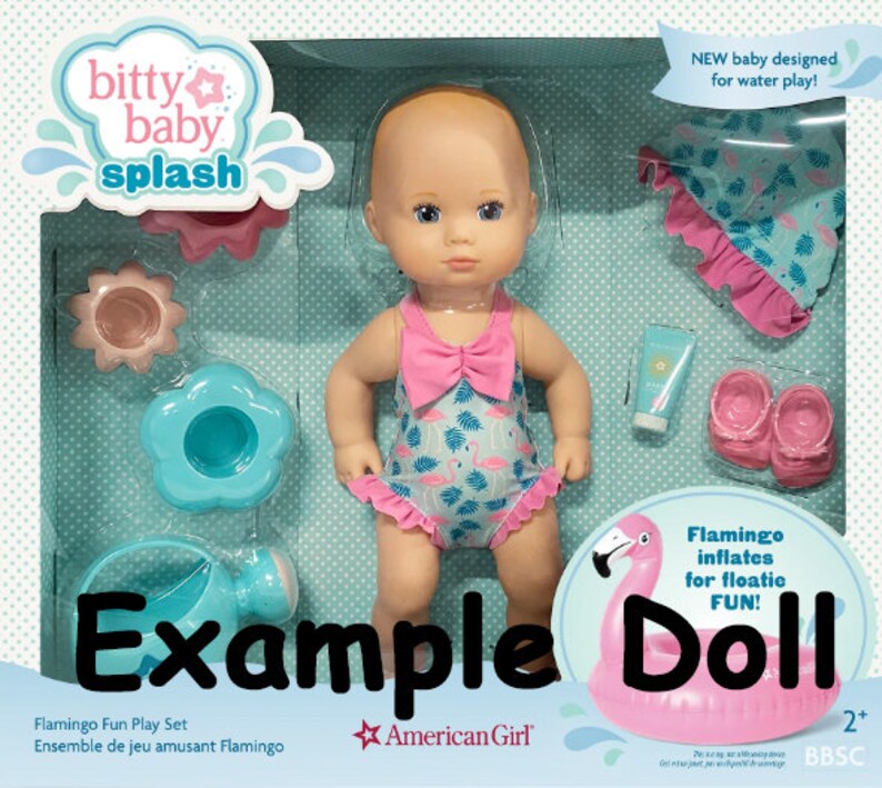 May include: A pink and blue flamingo pool float, a doll wearing a pink and blue swimsuit, and a set of pink and blue water toys. The doll is part of the Bitty Baby Splash line by American Girl. The packaging says "Flamingo Fun Play Set" and "Ensemble de jeu amusant Flamingo".