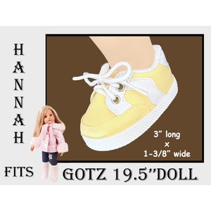 Gotz 19.5&quot; yellow and white vinyl sneakers shoes, Hannah Gotz tennis shoes, Happy Kidz sneaker doll shoes, Gotz standing doll shoes