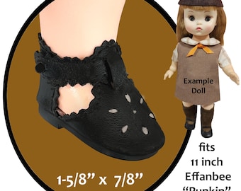 Se adapta a la muñeca Effanbee Punkin de 11 pulgadas de la década de 1960, zapatos de muñeca estilo correa en T de cuero sintético negro vintage con cierre de botón lateral, zapatos de muñeca coleccionables