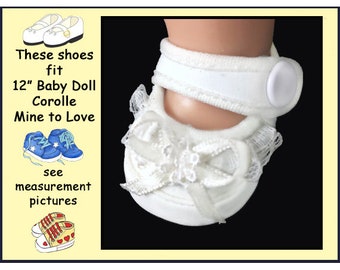 fits 12 inch Baby Dolls Corolle Calin & Tido and Mine to Love, vintage white soft side snap baby doll shoes