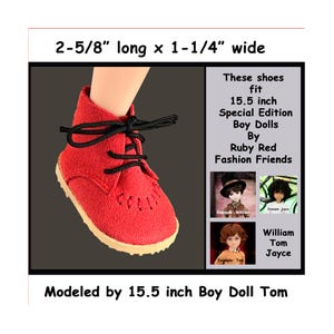 Fits 15.5 inch Ruby Red Fashion Special Edition Boy Dolls, red suede ankle boots with laces, red suede doll hiking boots with laces
