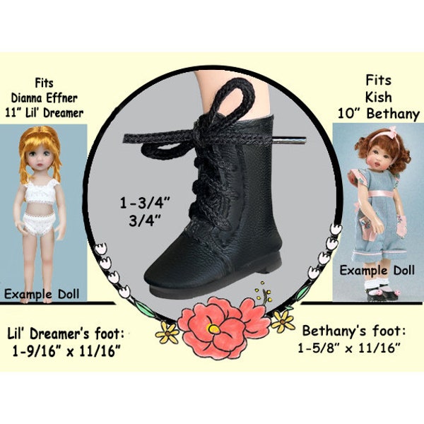 Vintage black lace up vinyl boots for dolls, small doll black boots fit Effner Li'l Dreamer doll and 10 in Kish Bethany, black doll boots