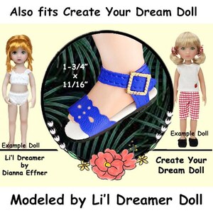Vintage blue ankle strap doll sandals, doll sandals fit 11" Dianna Effner Lil Dreamer, fits 11" Create Your Dream Doll, blue doll sandals
