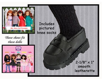 Siblies or Mini Maru black loafer with knee socks, fit Ruby Red Fashion Siblies and Mini Maru Dolls, black Siblies or Mini Maru doll shoes