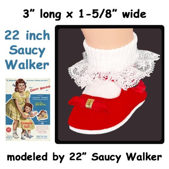 Shoes fit 22 inch Saucy Walker dolls, red patent mary jane style doll shoes with white lace edged socks, shiny red doll shoes