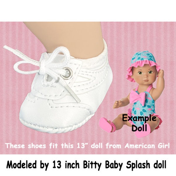 Vintage White Vinyl Tie Sneakers, fits American Girl 13 in Baby Doll, white doll sneakers with laces