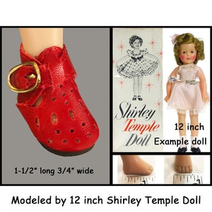 Vintage Red T Strap Doll Shoes, fits 12 inch Vinyl Shirley Temple Doll, tiny red t strap side buckle doll shoes