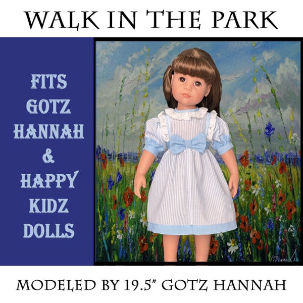 Slim 18 to 19 inch doll dress, blue striped standing doll dress, modeled by Gotz 19 inch Hannah doll, blue doll dress