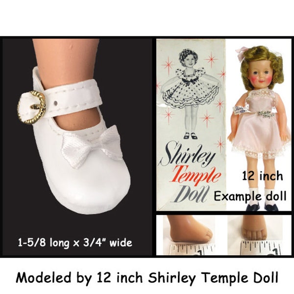 Vintage white mary jane style doll shoes with side buckle, fits 12" Shirley Temple doll, collectible doll shoes, white vinyl doll shoes
