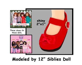 fits 12" Siblies & 13" Mini Maru Dolls, red patent leather mary jane style doll shoes with slide buckle, slim foot red doll shoes