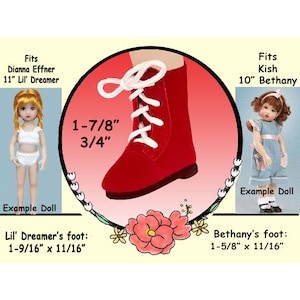Vintage red lace up faux suede boots for dolls, small doll red boots fit Effner Li'l Dreamer doll and 10 in Kish Bethany, red doll boots