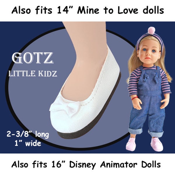 Little Kidz Vintage White Leatherette Ballet Flats Doll Shoes, shoes fits Gotz Little Kidz, Disney Animator Doll and 14" Mine to Love Doll