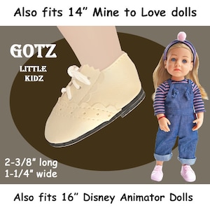 Vintage vinyl beige tan tie shoes fits Gotz Li'l Kidz, Disney Animator doll or Mine to Love 14 inch doll, cream doll shoes