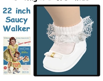 Shoes fit 22 inch Saucy Walker dolls, white patent mary jane style doll shoes with white lace edged socks, shiny white doll shoes