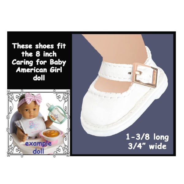 Vintage white mary jane style vinyl doll shoes with buckle and hard sole, fits 8 inch American Girl Caring Baby Doll, tiny white doll shoes