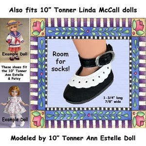 fits Patsy & Ann Estelle 10.5 inch Tonner dolls, Vintage Black and White Vinyl Doll Shoes,  black and white ankle buckle doll shoes