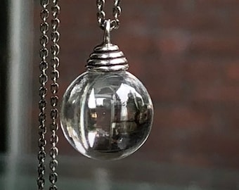 Pools of Light 14.3mm Genuine Rock Crystal Quartz Floating Orb Necklace & 20" Chain / Oxidized Handcrafted / OOAK / April B'Day / Minimalist