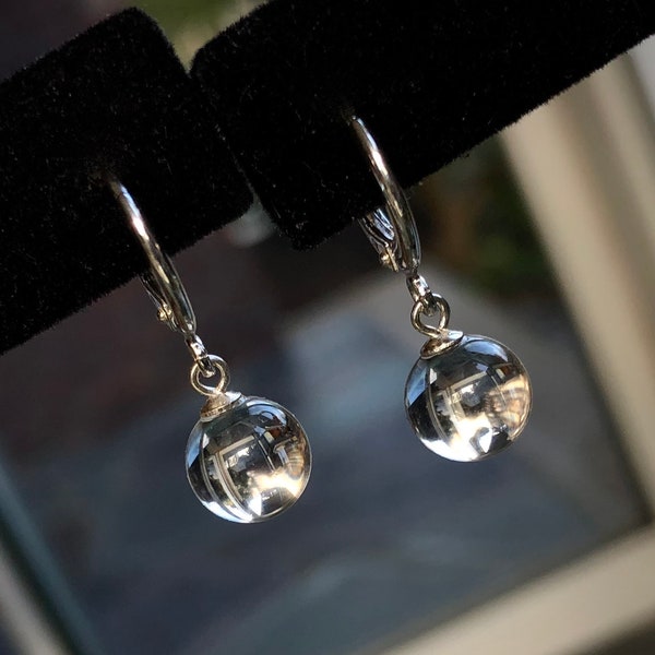 Floating 8mm POOLS Of LIGHT / PETITE Genuine Rock Crystal Quartz  Orbs / Sterling "Huggie" Lever Back Ear Wires / Wedding / April Birthday