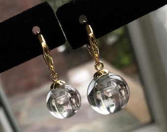 Floating 12mm OR 14mm POOLS Of LIGHT / Genuine Rock Crystal Quartz Orbs / 14K Gold Filled Teardrop Latch Ear Wires Backs / Wedding / April