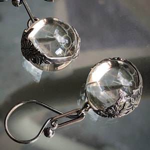 Antique POOLS Of LIGHT Genuine Un-drilled 15mm Rock Crystal Quartz Earrings / Assembled Antique / OOAK / Repoussé Sterling Bezel Components