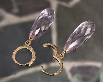 Genuine ROSE De FRANCE Amethyst Teardrop Earrings / 14K Gold Filled Huggie Lever Back Ear Wires / One Of A Kind / Wedding Earrings