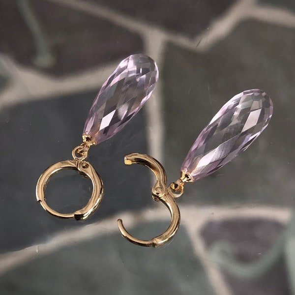 Genuine ROSE De FRANCE Amethyst Teardrop Earrings / 14K Gold Filled Huggie Lever Back Ear Wires / One Of A Kind / Wedding Earrings