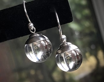 UNDRILLED Floating 12mm POOLS Of LIGHT Genuine Rock Crystal Quartz Orbs / Nickel Free Sterling Silver Hand Forged Bead Caps & Ear Wires