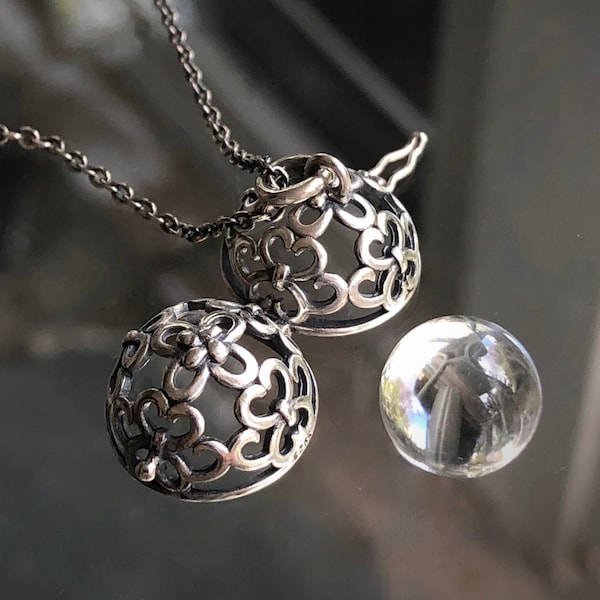 Caged Pools Of Light / Un-Drilled 14.3mm Genuine Himalayan Rock Crystal Quartz Orb Enclosed in Hinged Oxidized Sterling Ball Locket & Chain